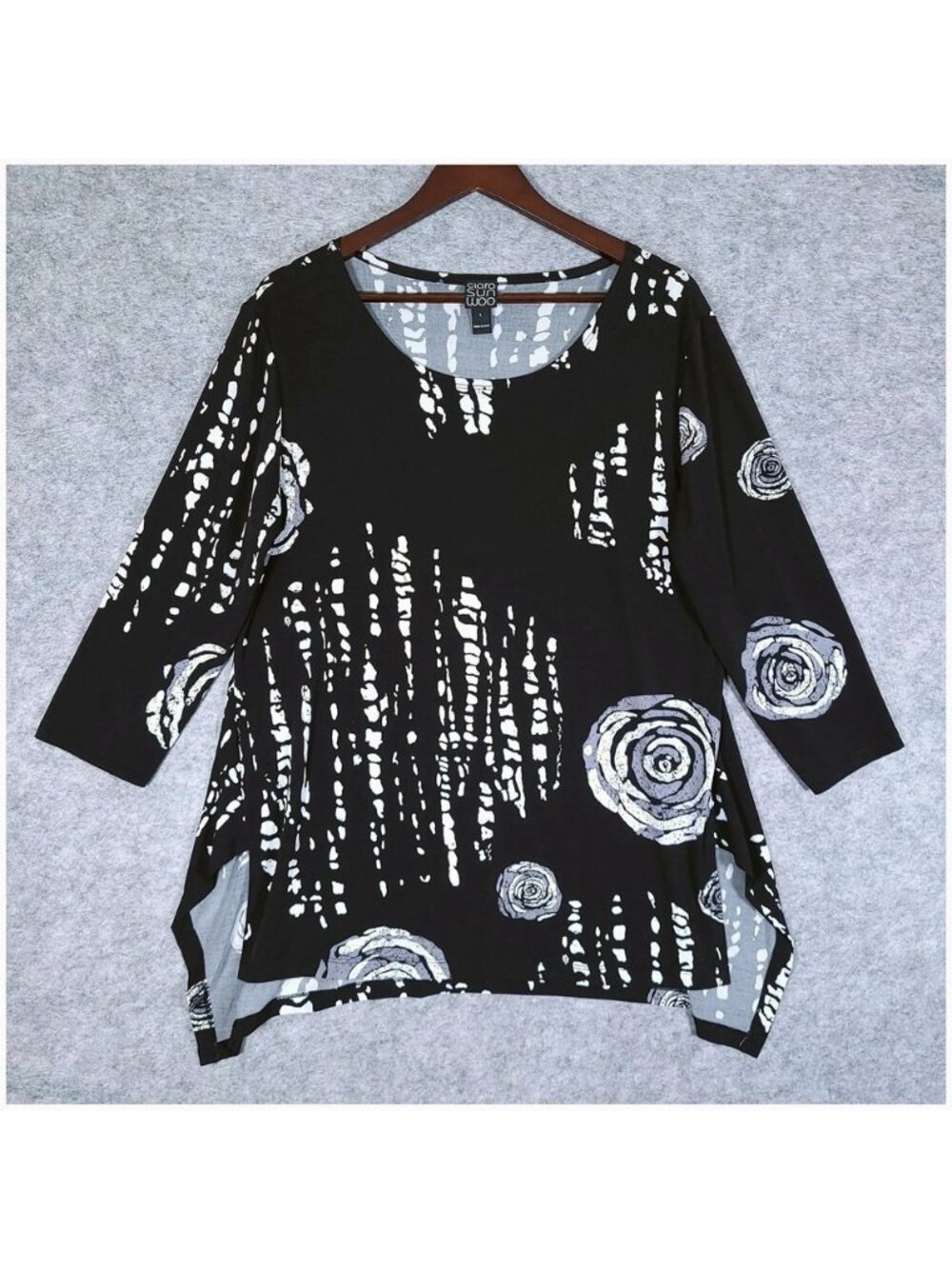 Clara Sunwoo Rose Floral Parachute Hem Tunic Womens Large Lagenlook Art to Wear